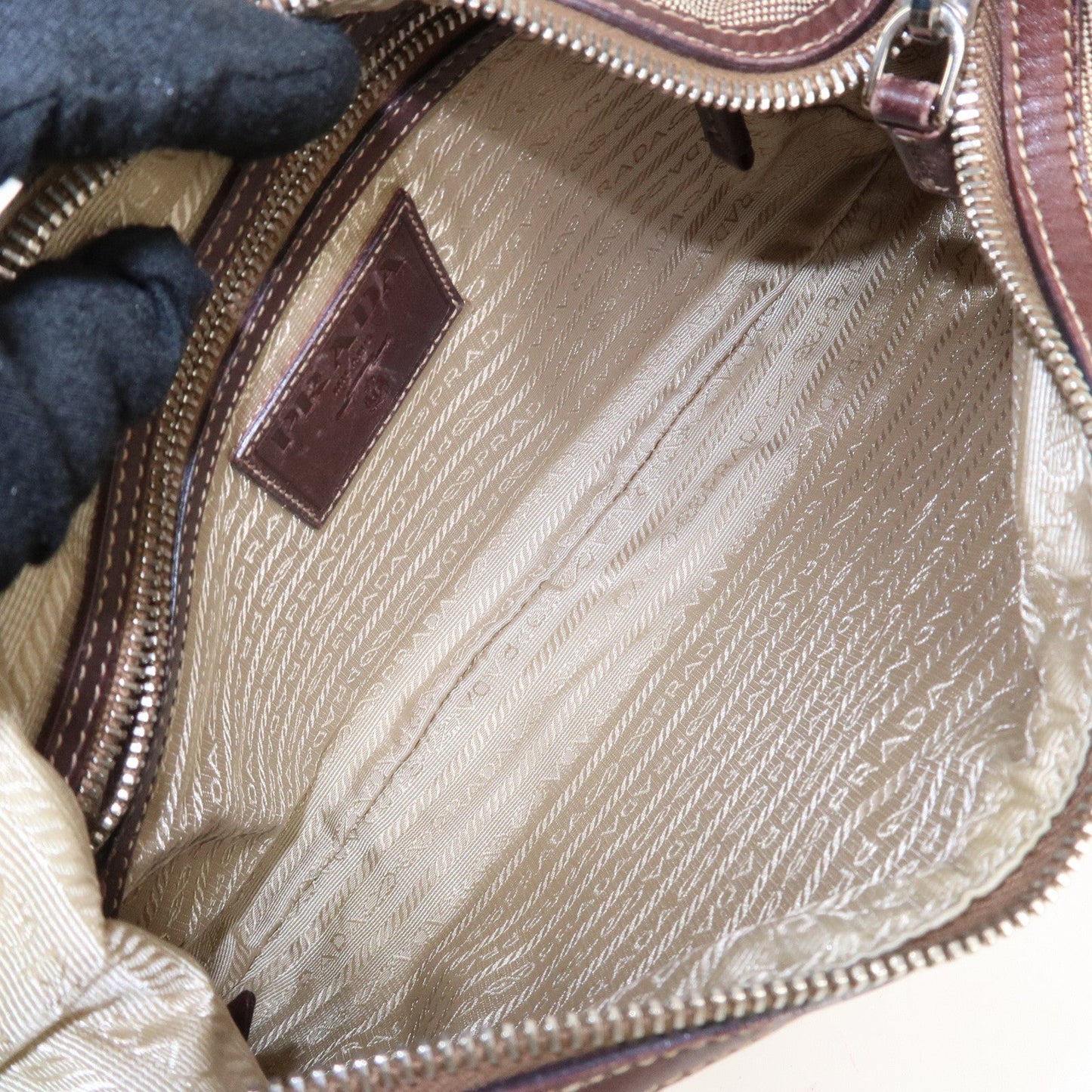 PRADA Logo Jacquard Leather Shoulder Bag Beige Brown  d