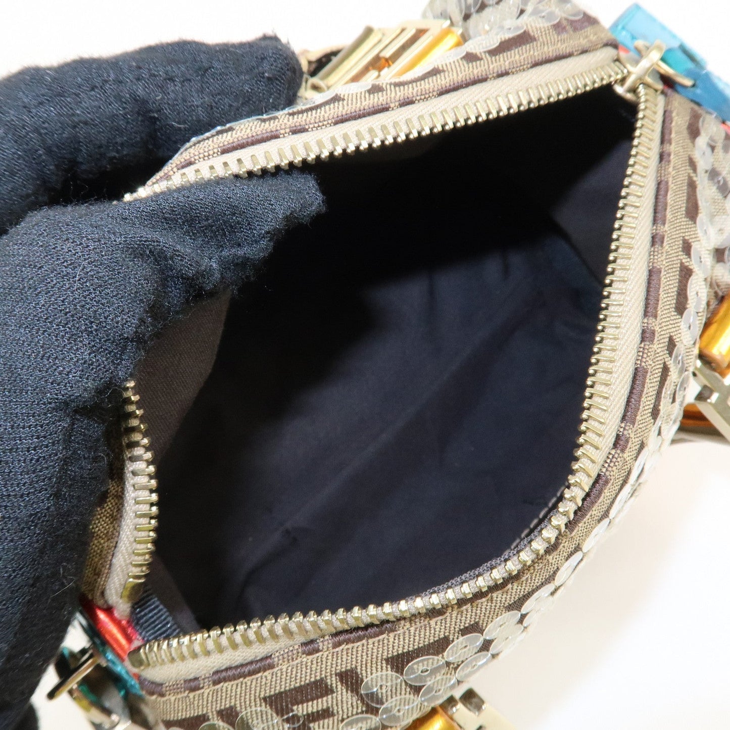 FENDI Zucchino Flip Sequin Canvas Patent Leather Boston Bag 8BL071  d