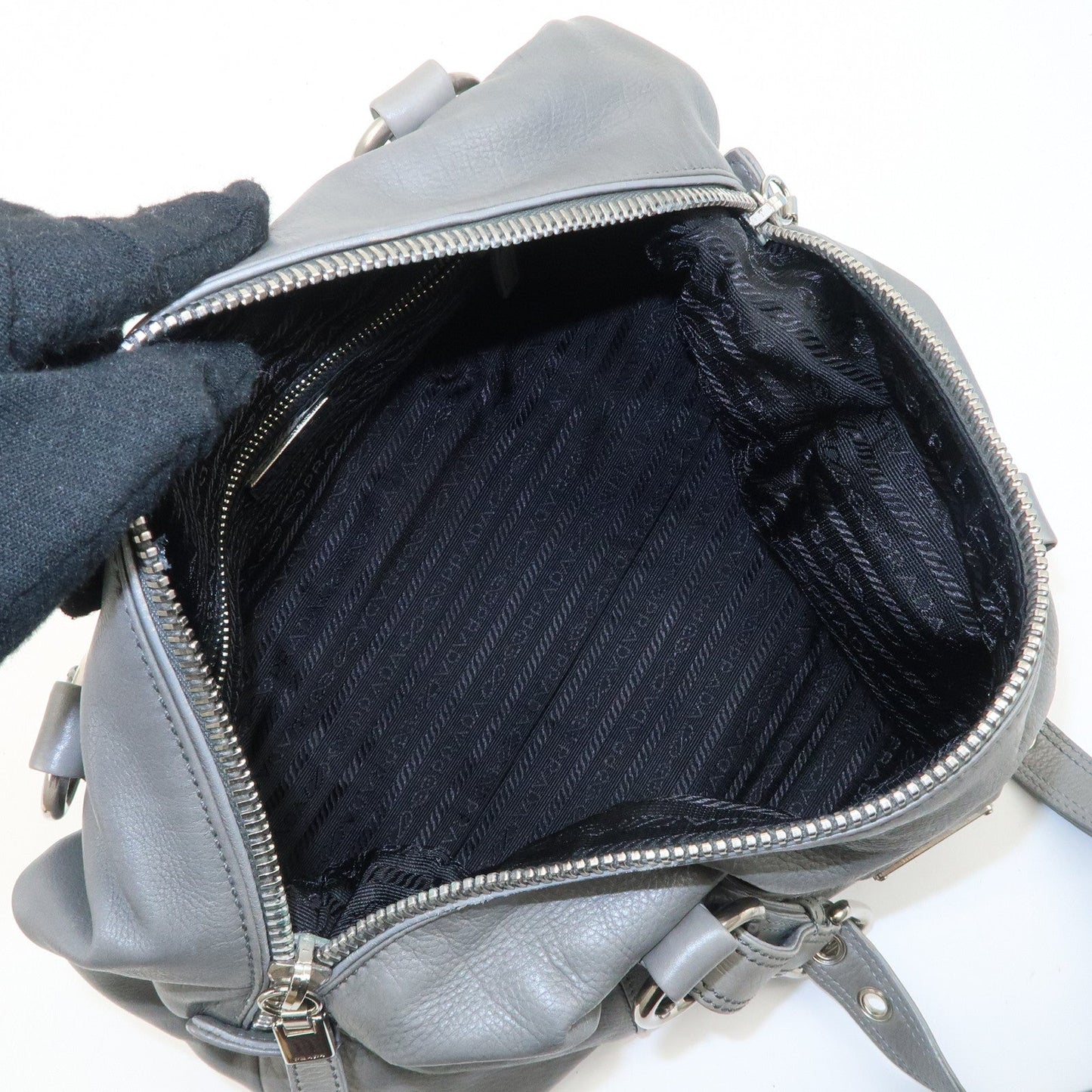 PRADA Leather Boston Bag Shoulder Bag Gray Silver Hardware  d