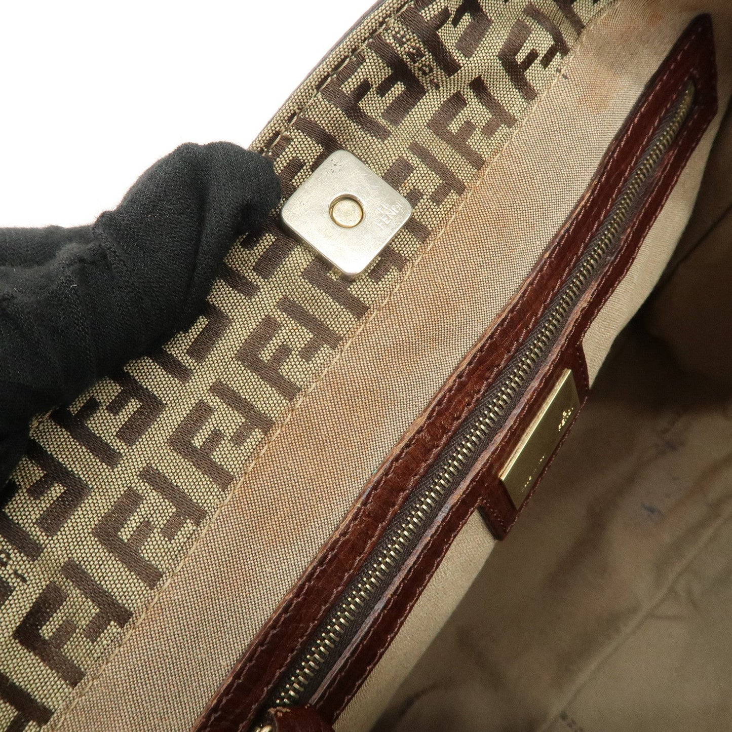 FENDI Zucchino Canvas Leather Tote Bag Khaki Brown 8BH161  d