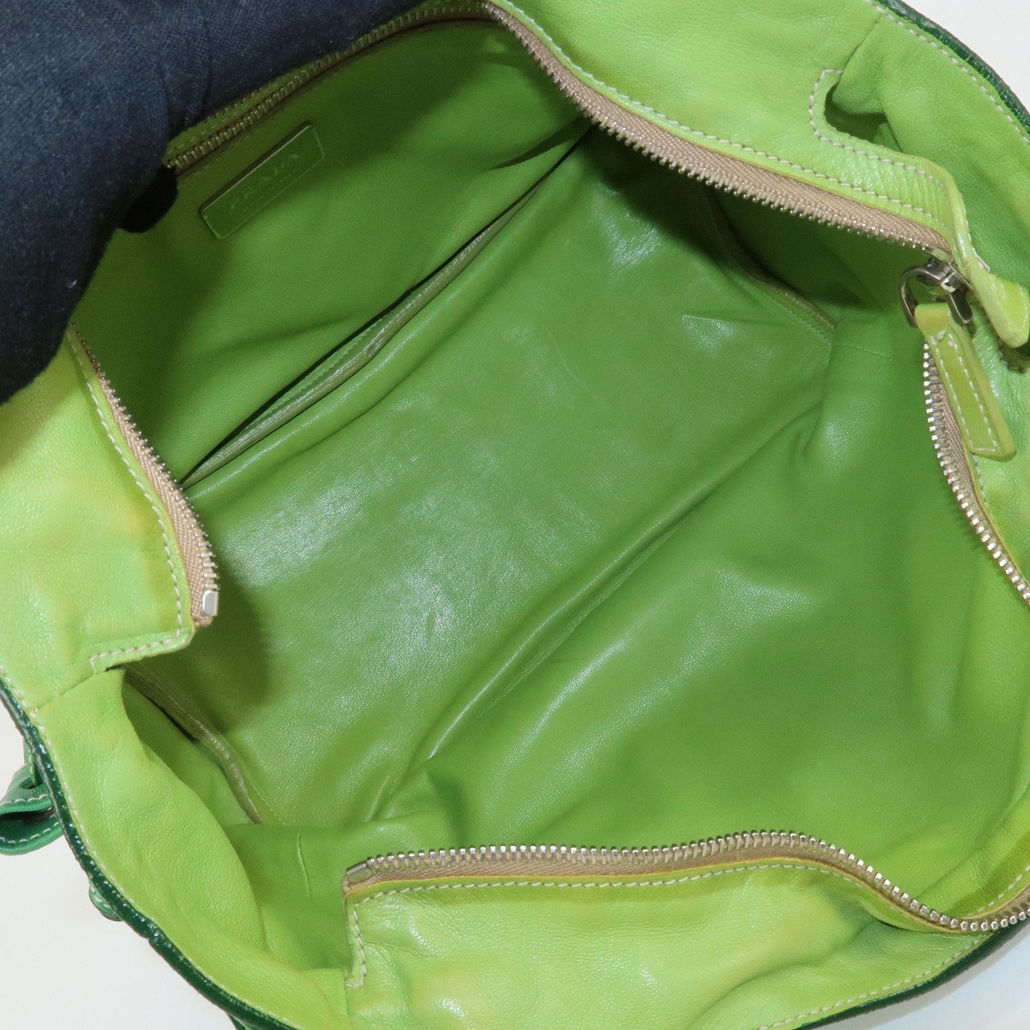PRADA Logo Leather Tassel Shoulder Bag Hand Bag Green  d