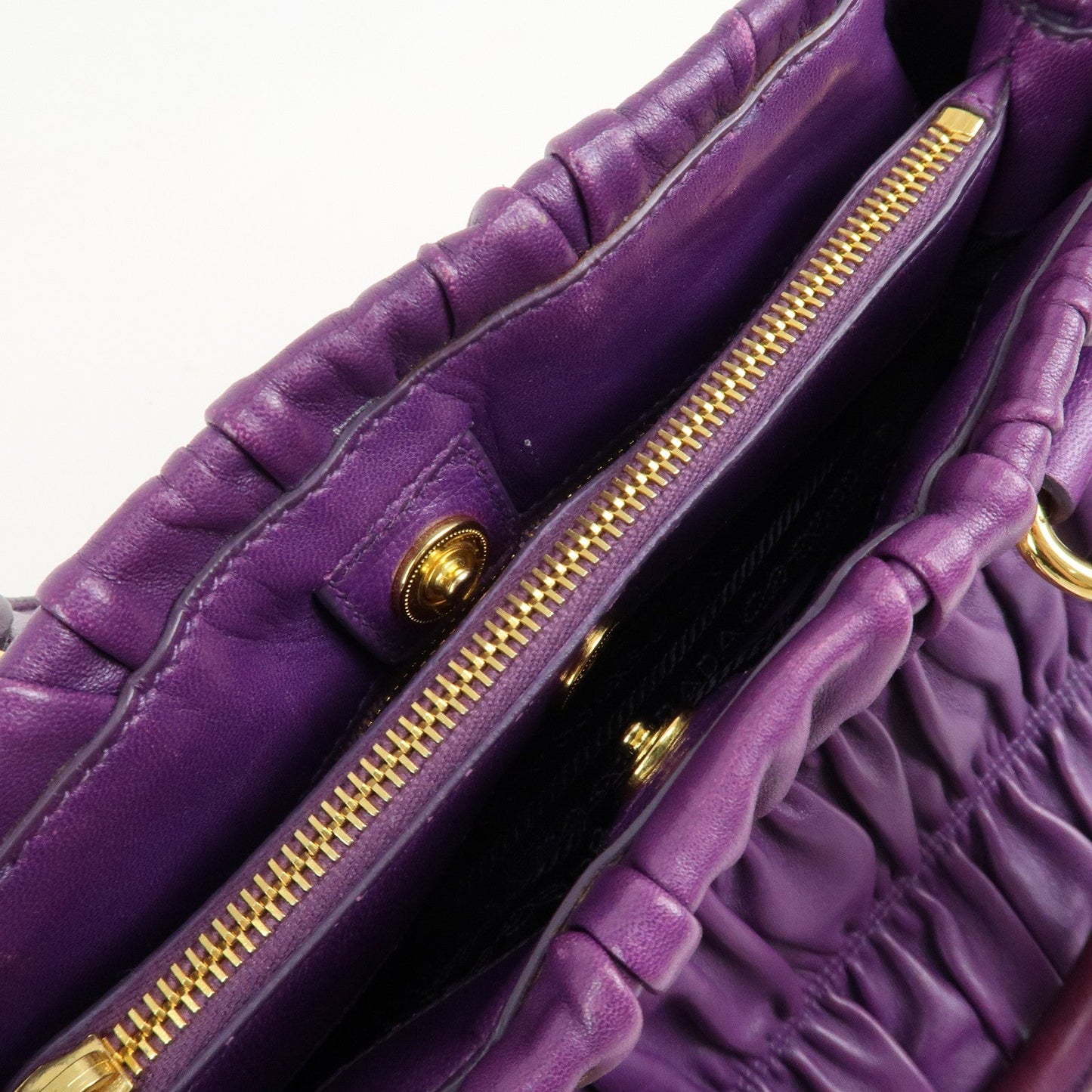 PRADA Leather Gathered Hand Bag Purple Gold Hardware BN2394  d