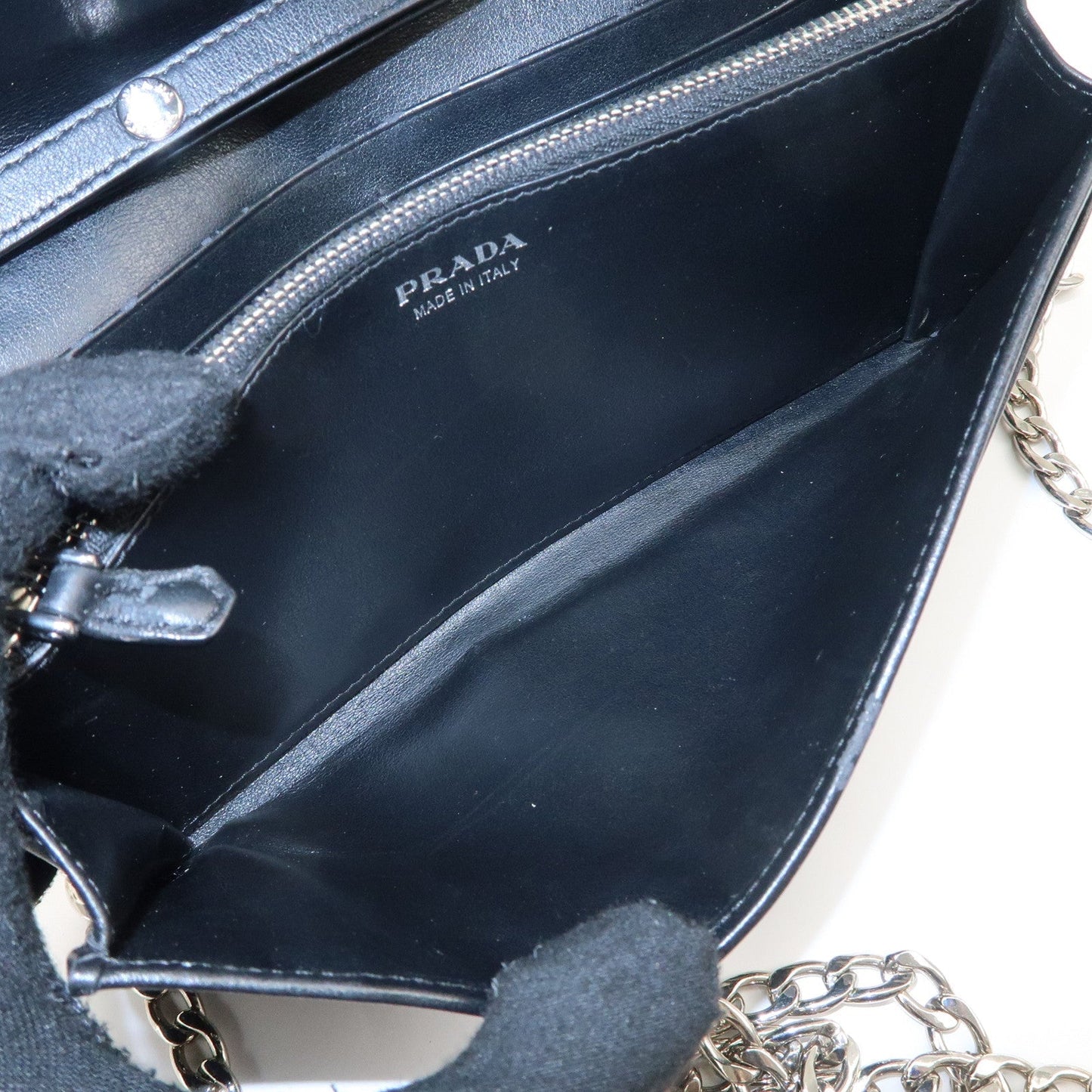 PRADA Grommet Nylon Leather Chain Long Wallet Black Silver HDW  d