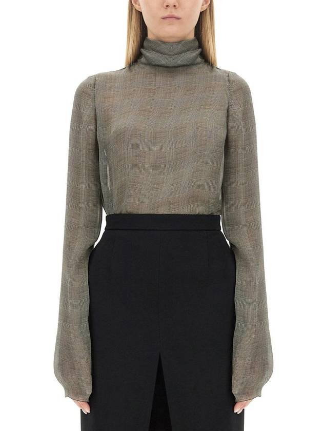Luxury Saint Laurent Trending 2025 Tartan Silk Turtleneck Blo  Grey