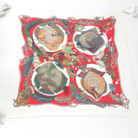 HERMES scarf silk Red x white Pleated scarf PleatedCarre Fish pattern Women  d