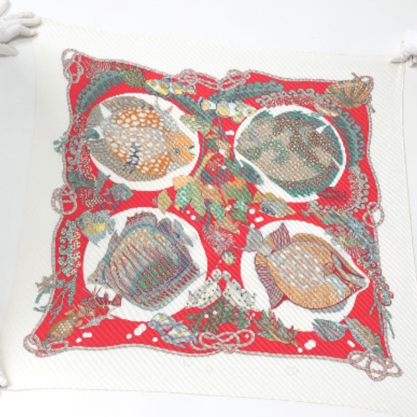 HERMES scarf silk Red x white Pleated scarf PleatedCarre Fish pattern Women  d