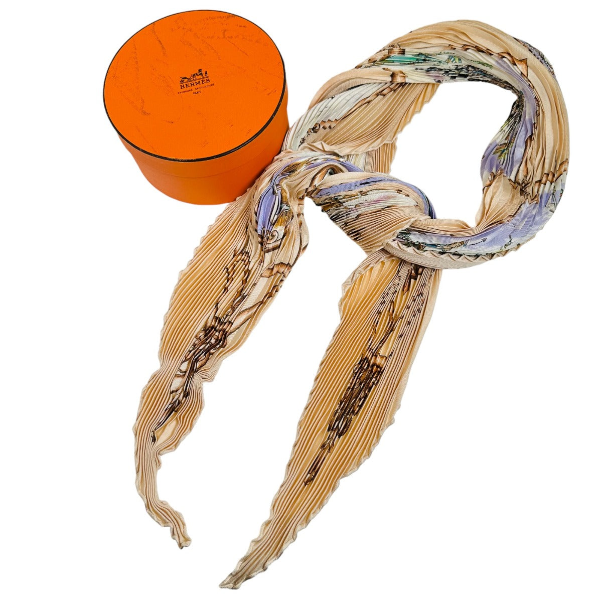 HERMES scarf silk pink beige Pleated scarf PleatedCarre Horse pattern Women  d