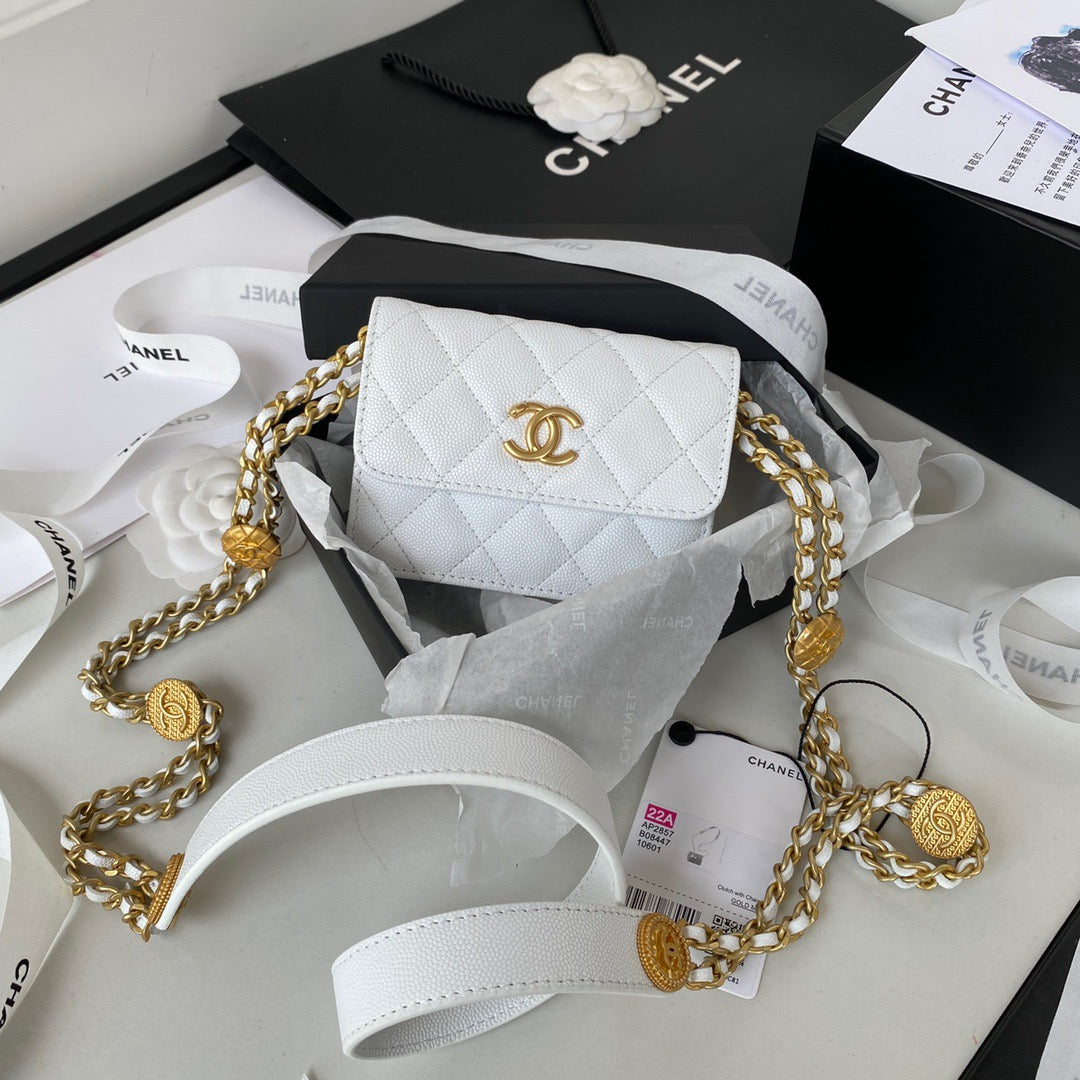 CHL Clutch With Chain Gold Hardware Grained Shinny White For Women Handbags, Shoulder Bags 4.7in/12cm AP2857