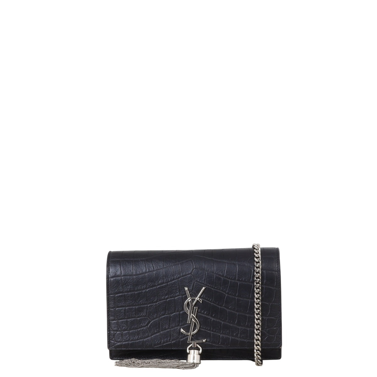 Saint Laurent Kate Tassel Chain Wallet Croc-Embossed