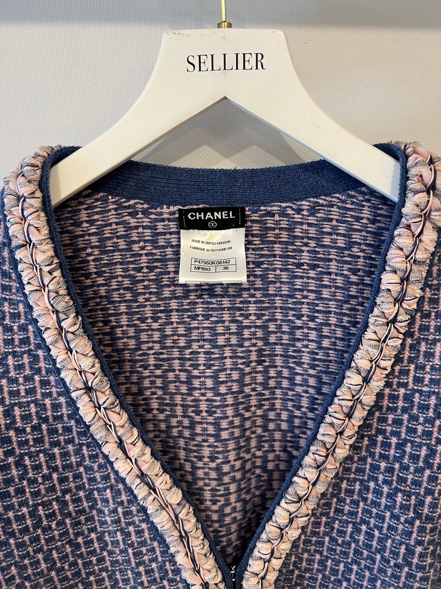 Chanel 11/C Blue and Pink Cashmere Knitted Cardigan with Braided Trim Detail Size FR 36 (UK 8)