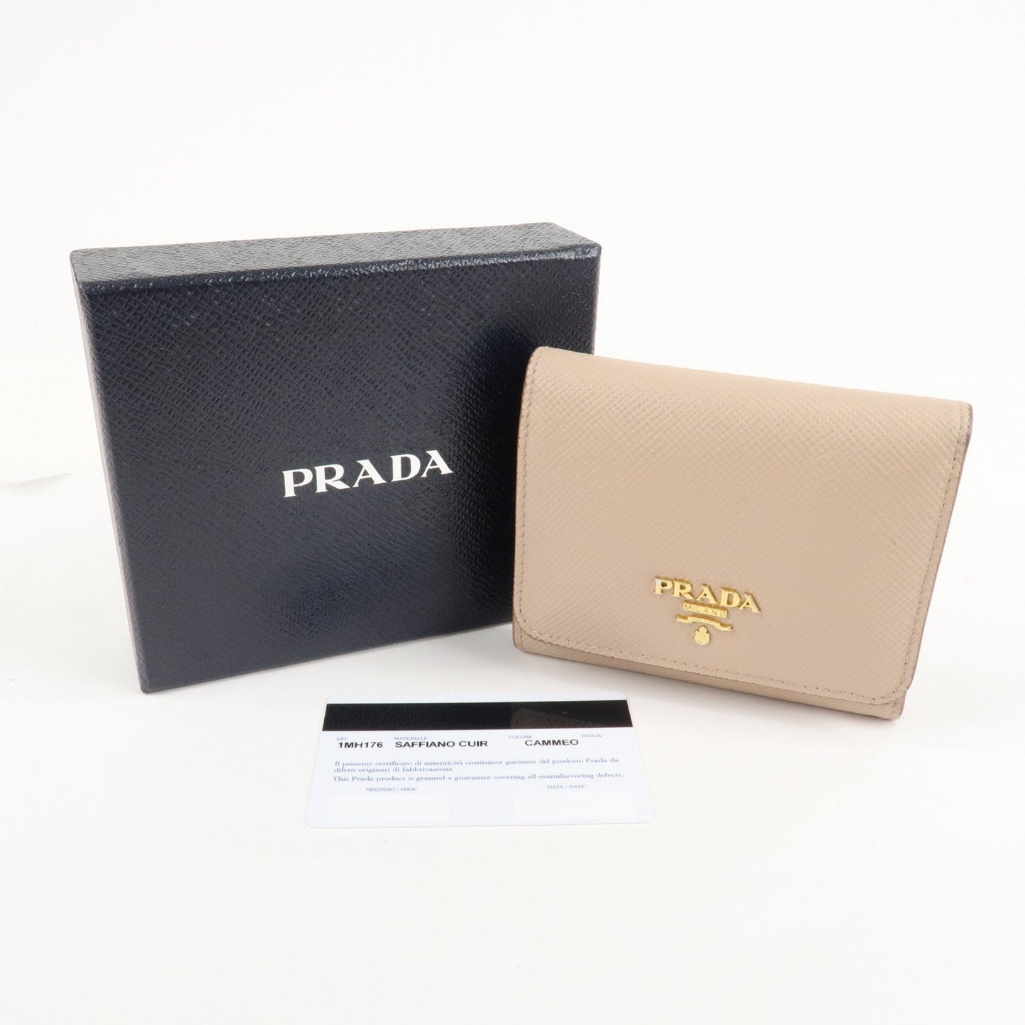 PRADA Saffiano Leather Trifold Compact Wallet Beige 1MH176  d