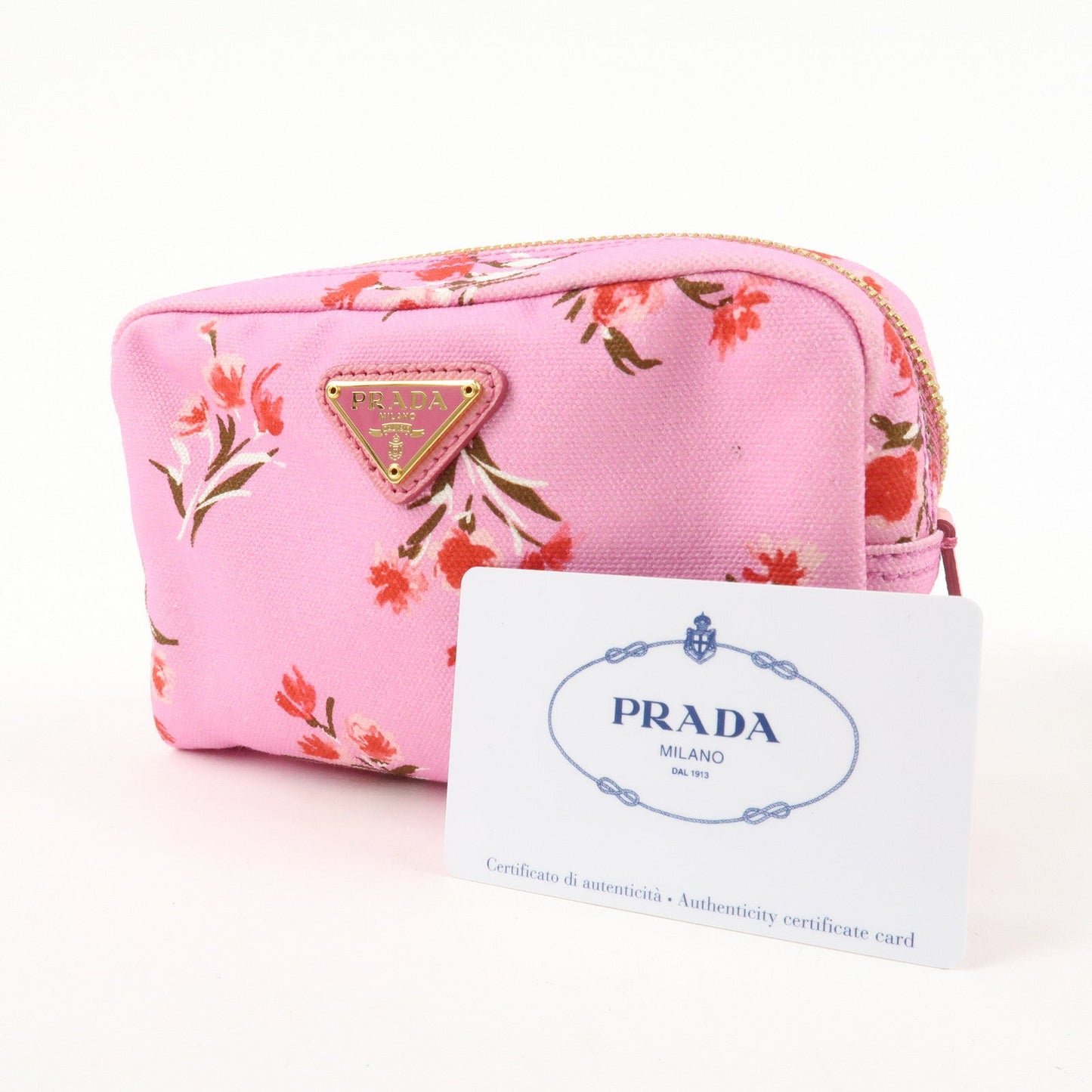 PRADA Canapa Canvas Leather Cosmetic Pouch Flower 1NA021 Pink  d