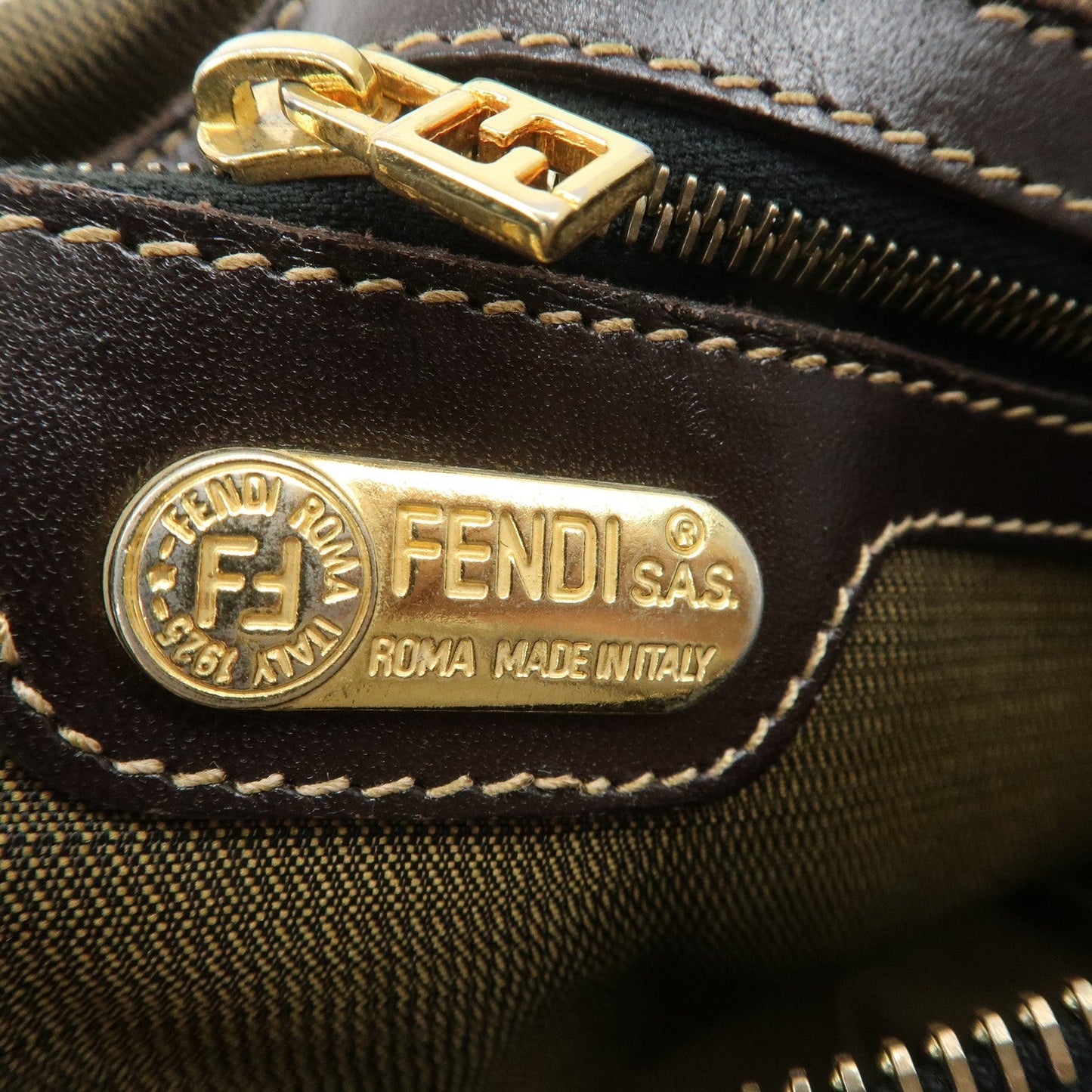 FENDI Zucca Canvas Leather Hand Bag Brown Black  d