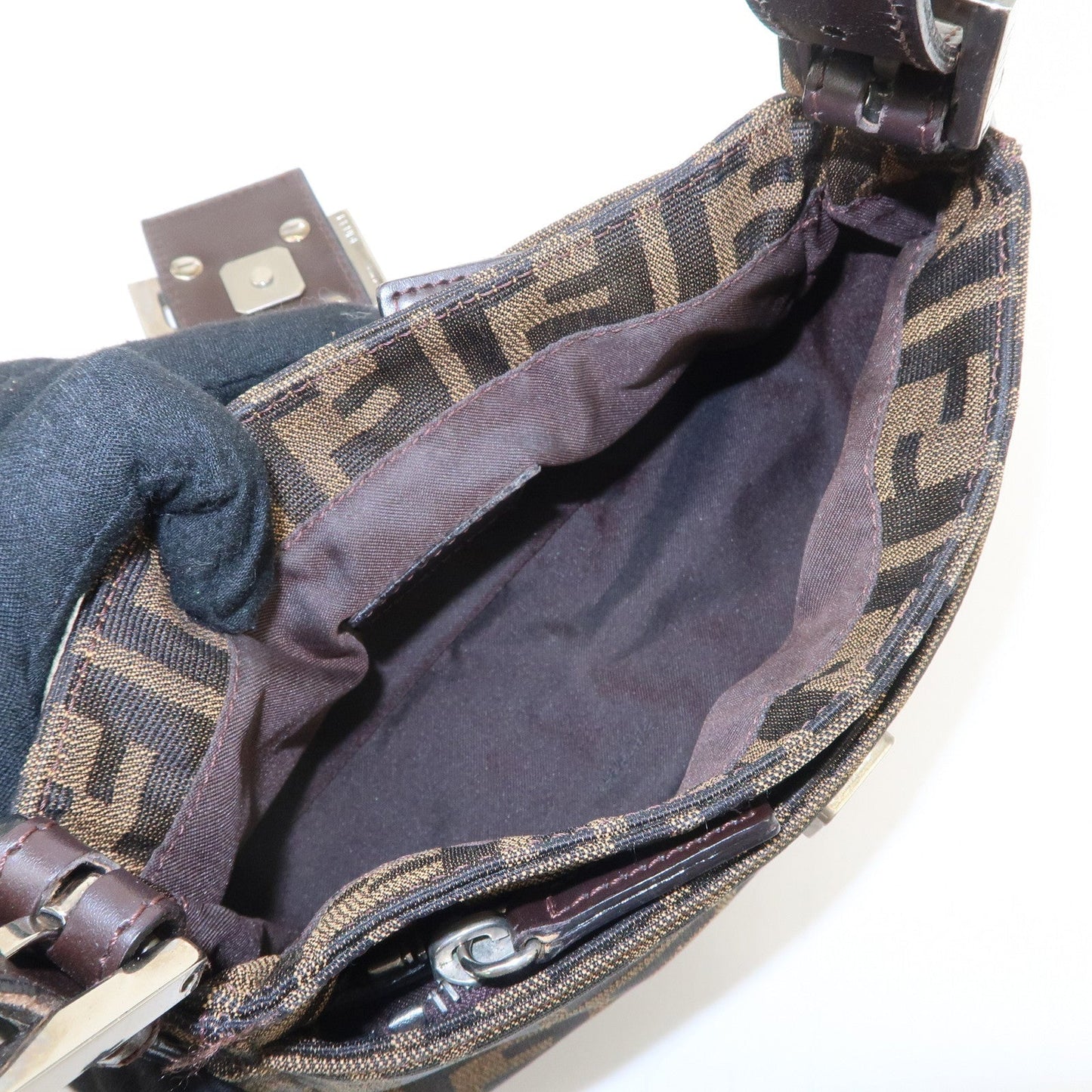 FENDI Zucca Canvas Leather Hand Bag Brown Black  d