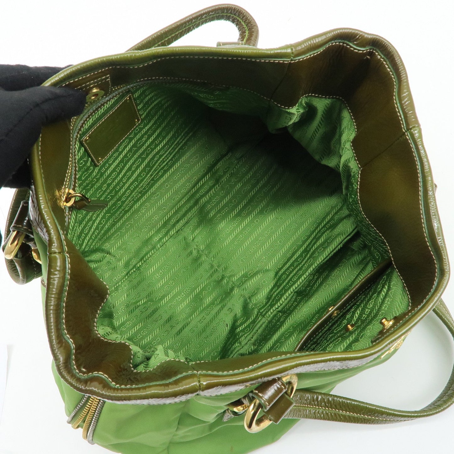 PRADA Nylon Patent Leather Tote Bag Shoulder Bag Green Khaki  d