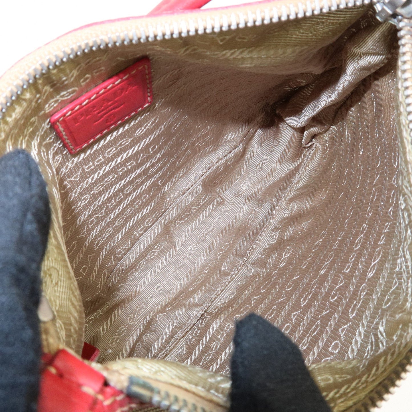 PRADA Logo Jacquard Leather Shoulder Bag Beige Red  d