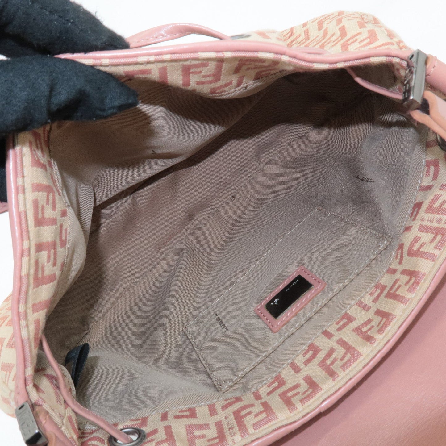 FENDI Zucchino Canvas Leather Shoulder Bag Beige Pink 8BR282  d