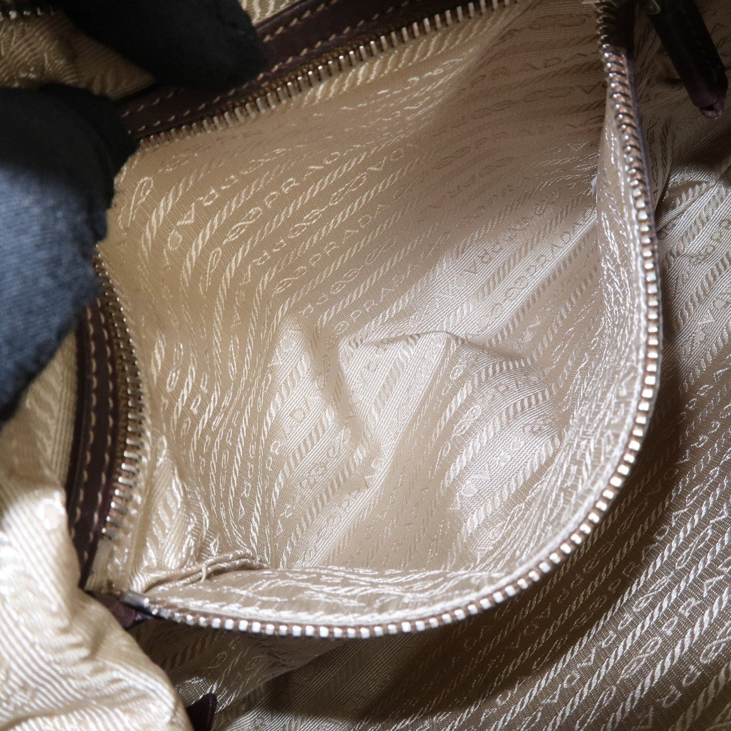 PRADA Logo Jacquard Leather Shoulder Bag Beige Brown  d