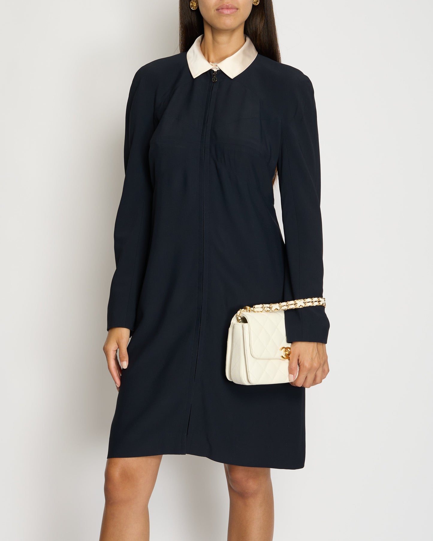 * * Chanel 97/A Navy Long Sleeve Midi Dress with Detachable Collar Detail FR "Petit" (UK 12)
