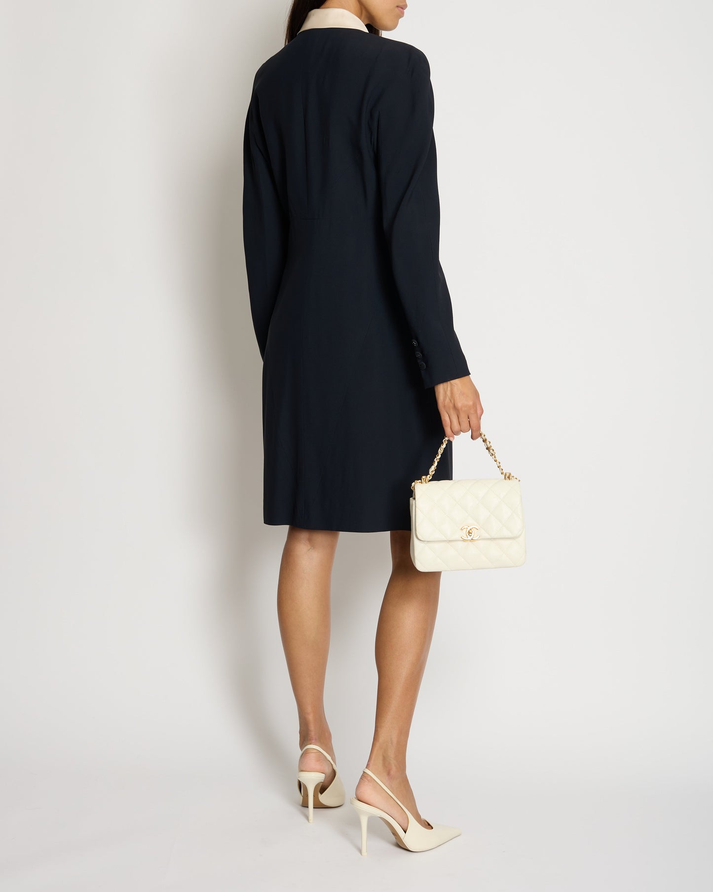 * * Chanel 97/A Navy Long Sleeve Midi Dress with Detachable Collar Detail FR "Petit" (UK 12)