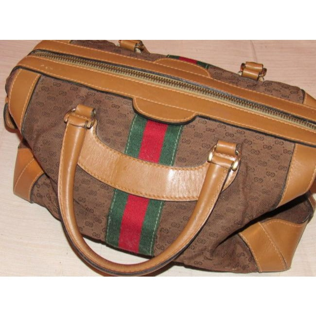 Gucci   Dark Brown Small G Logo Print Fabric And Camel Leather With Red