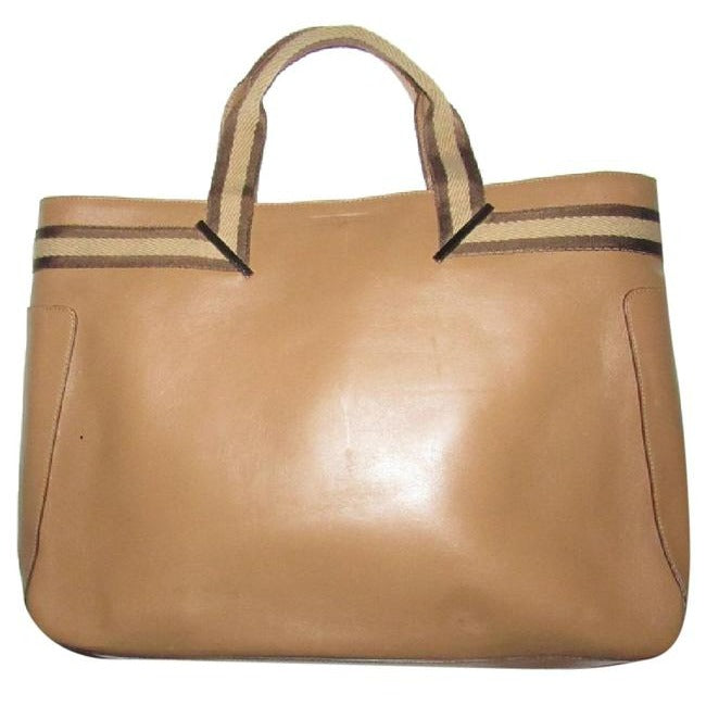 Gucci   Tan Leather With Tan And Brown Striped Accents Fabric Handles