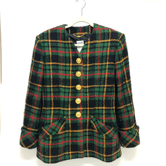 CELINE Jacket tweed Green/Yellow/Red/Black   Check Macadam Button Jacket Outerwear Apparel Women 44