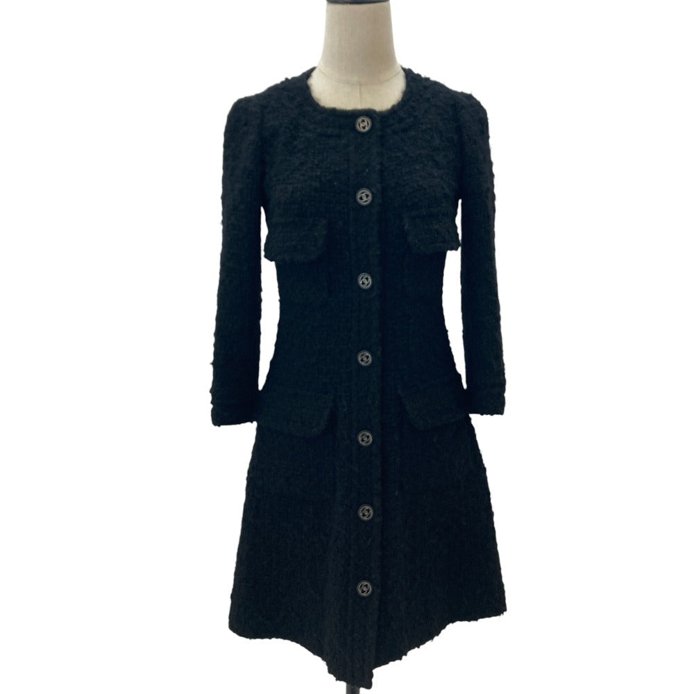 Chanel Coco Mark Button Wool Long No Collar Tweed Jacket