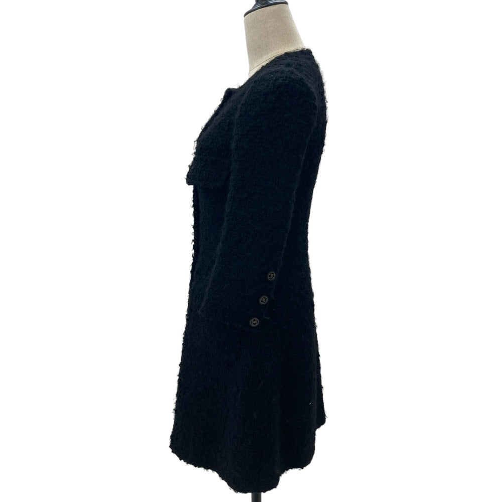 Chanel Coco Mark Button Wool Long No Collar Tweed Jacket