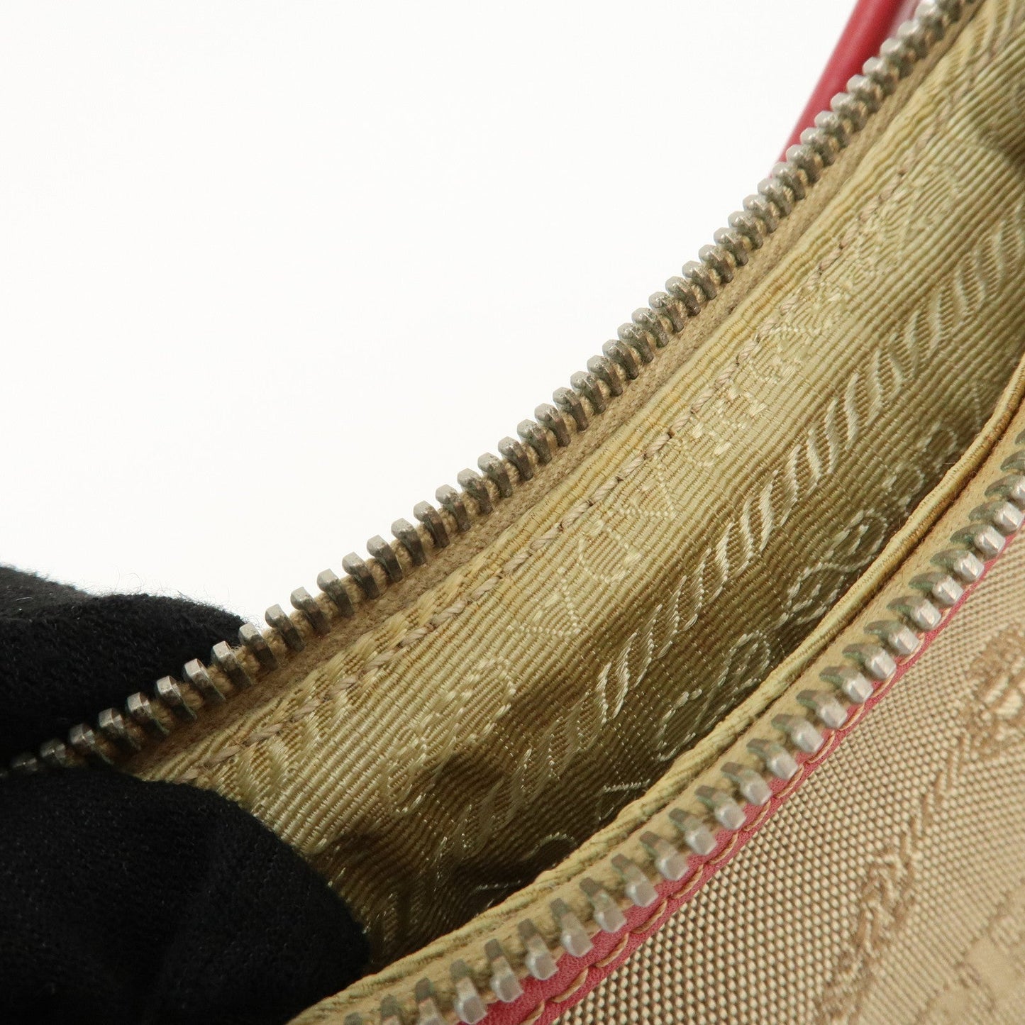PRADA Logo Jacquard Leather Shoulder Bag Beige Red  d