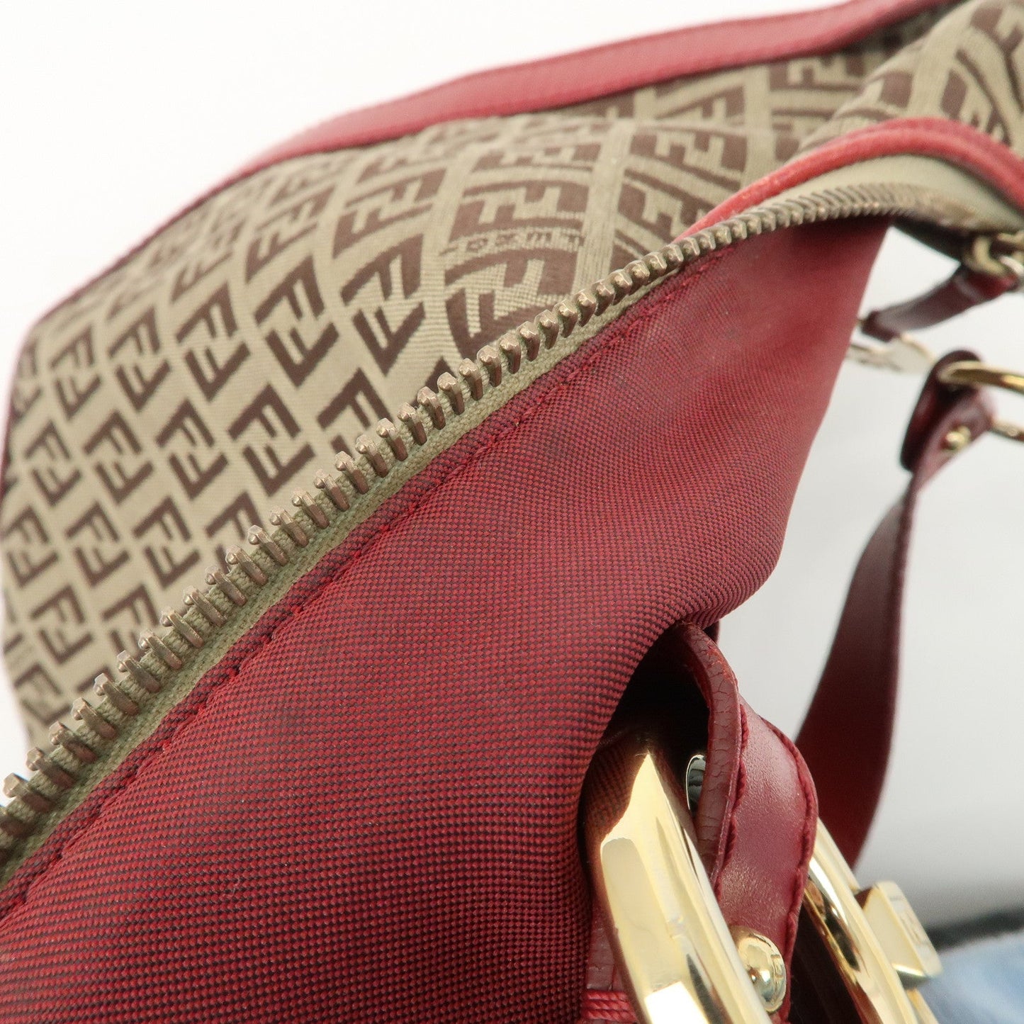 FENDI Zucchino Canvas Leather Shoulder Bag Khaki Brown Red 8BR465  d