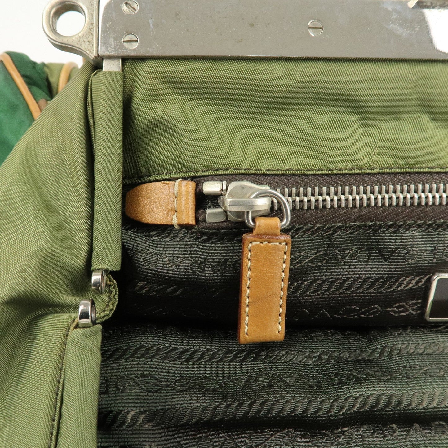 PRADA Nylon Leather Shoulder Bag Khaki Brown Green  d