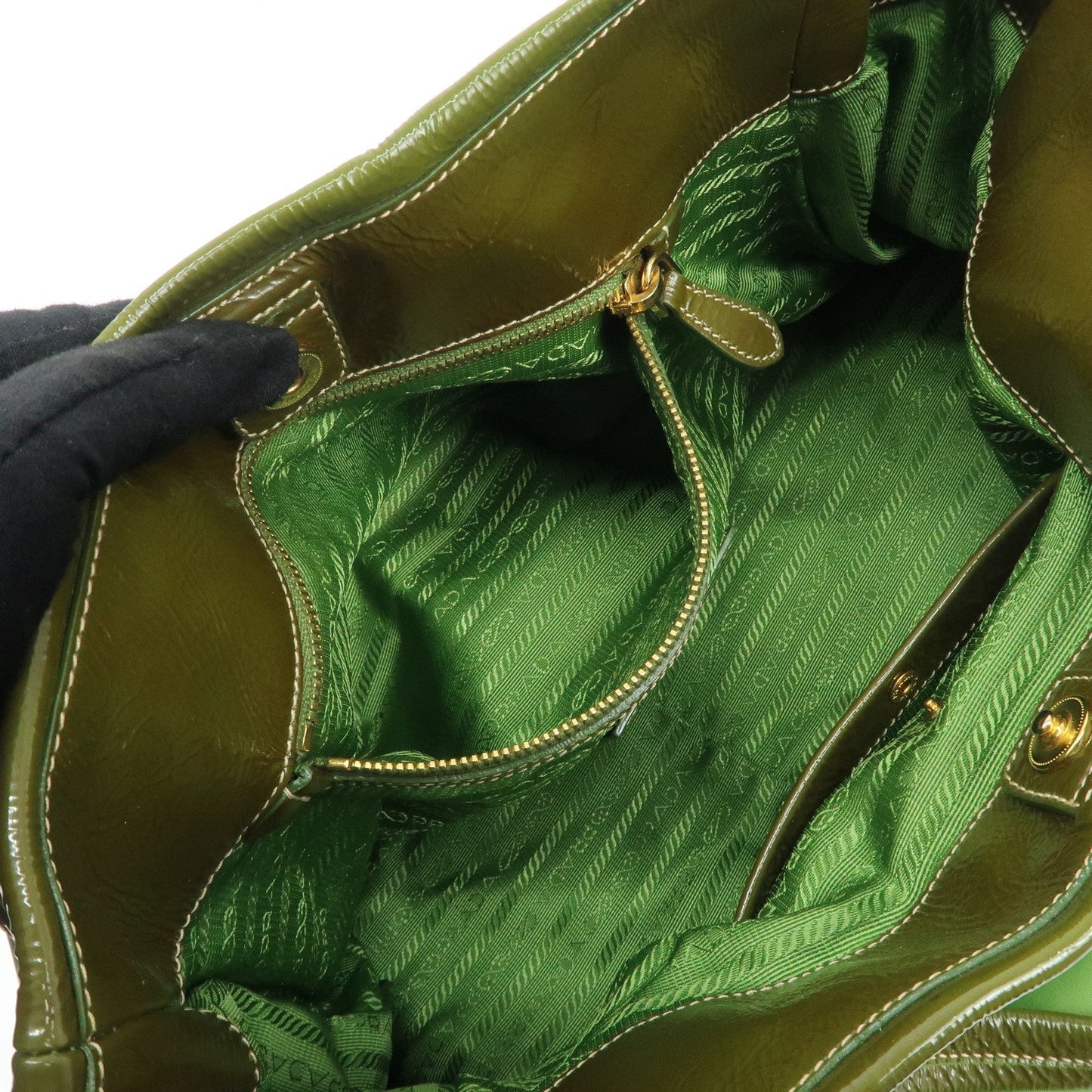 PRADA Nylon Patent Leather Tote Bag Shoulder Bag Green Khaki  d