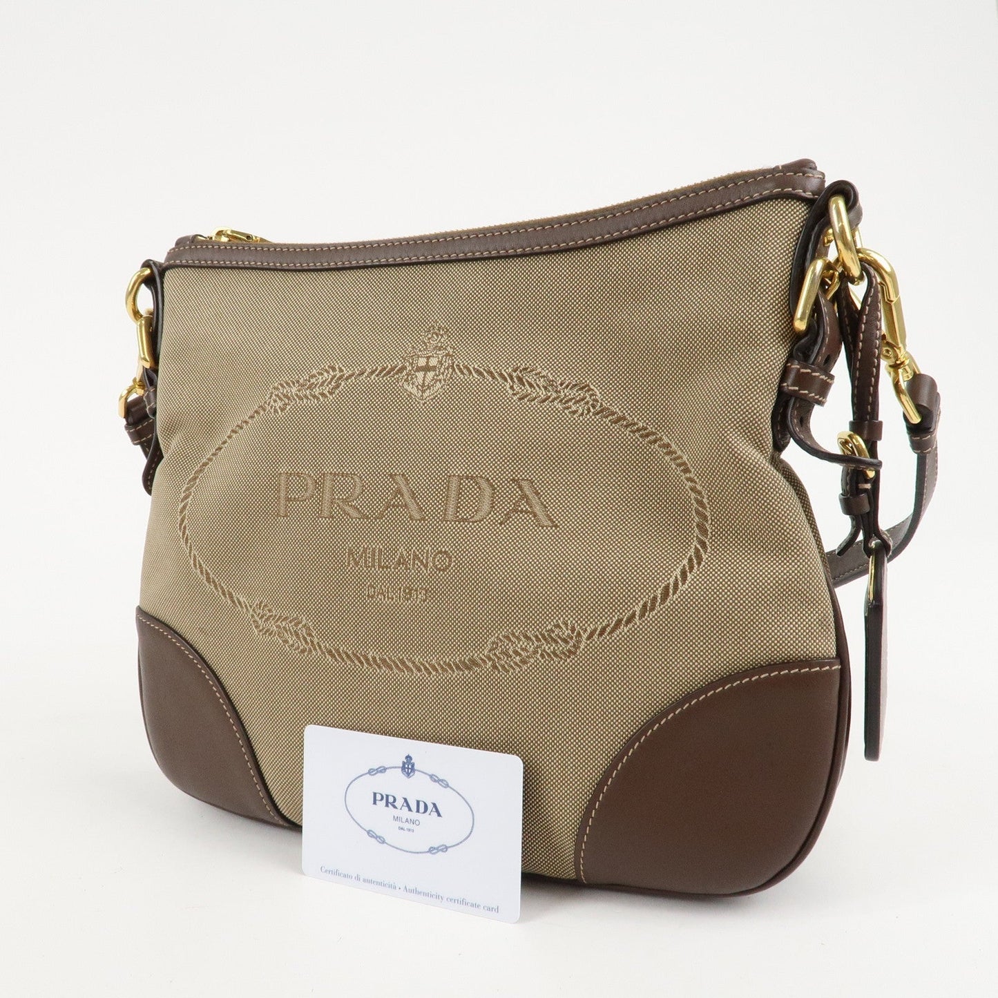 PRADA Jacquard Leather Shoulder Crossbody Bag Beige Brown BT867A  d