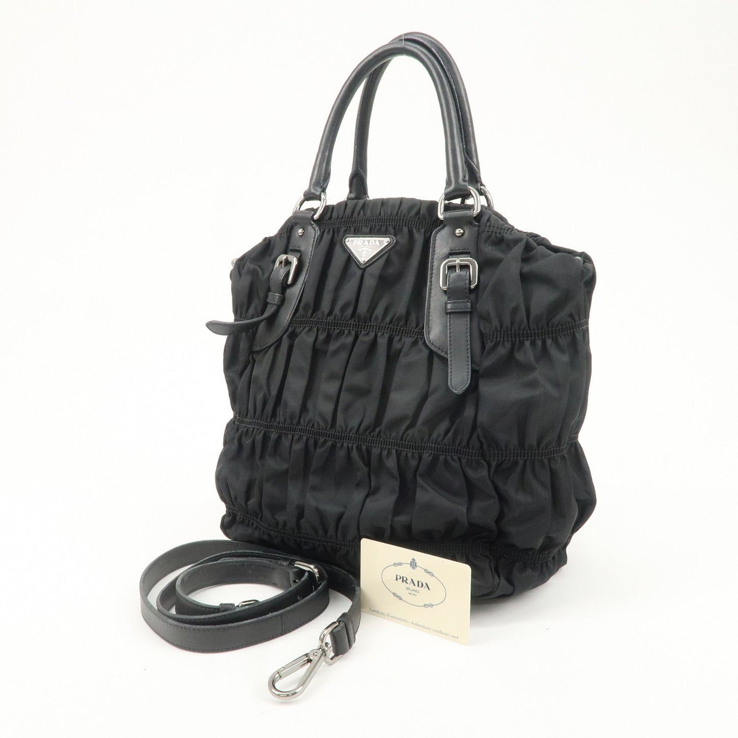 PRADA Logo Nylon Leather Gathered Shoulder Bag BN1616  d