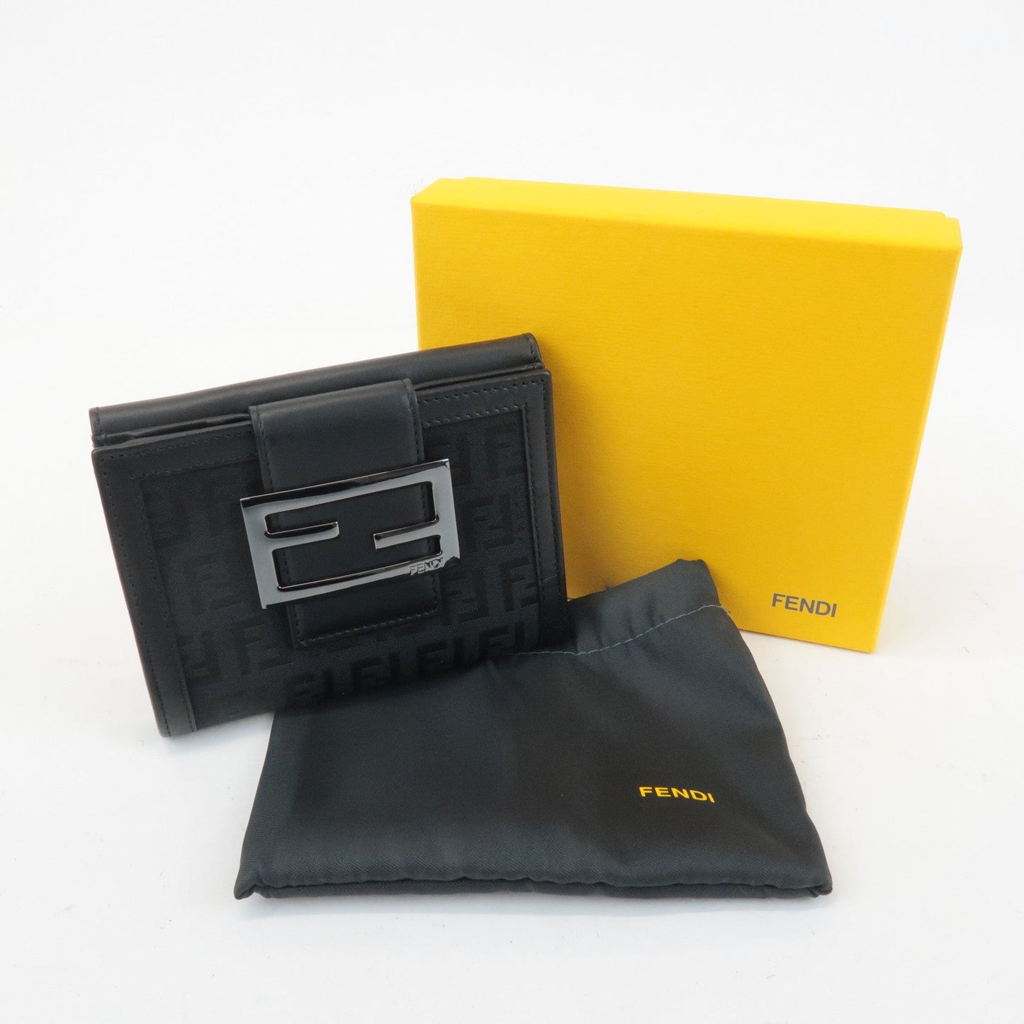 FENDI Zucchino Canvas Leather Double Hook Wallet Black 8M0035  d