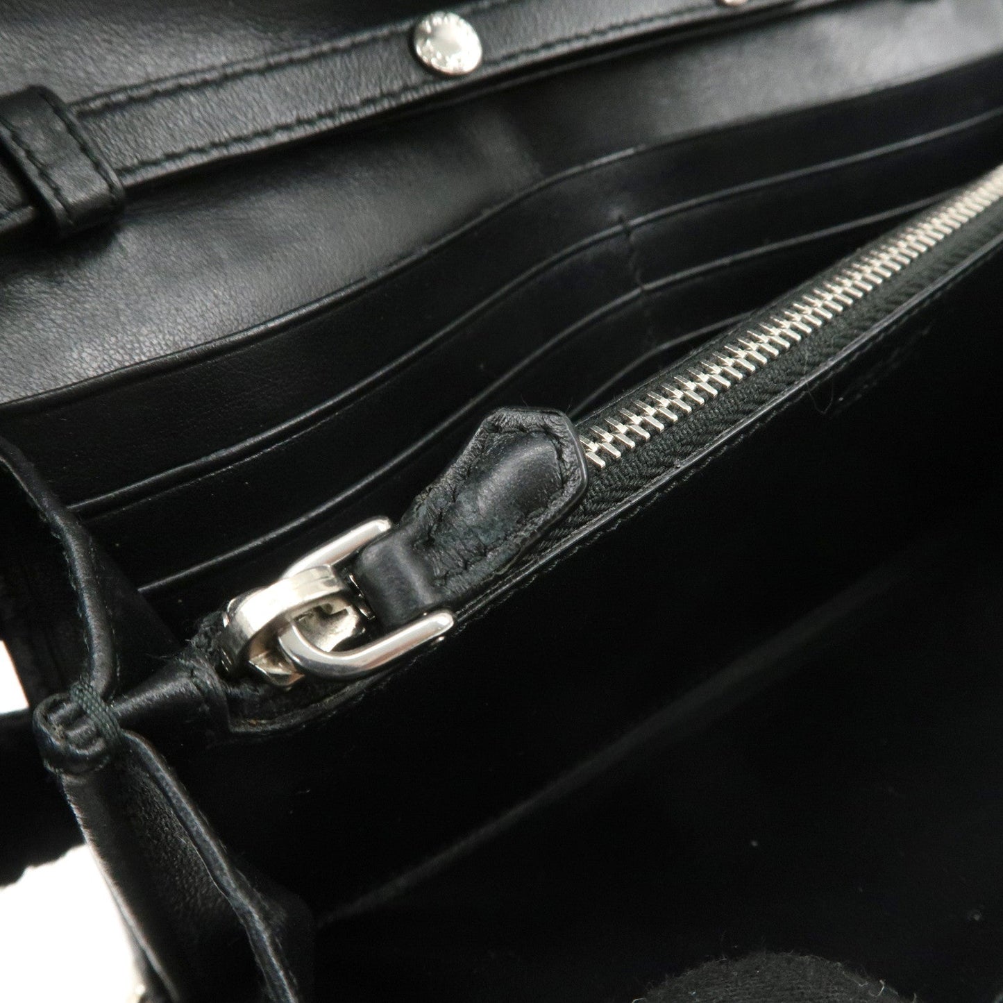 PRADA Grommet Nylon Leather Chain Long Wallet Black Silver HDW  d