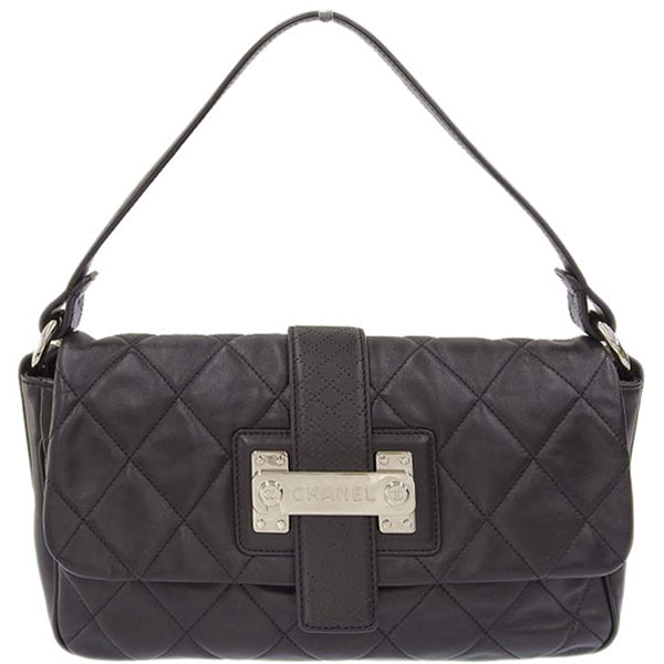 Chanel Around 2008 Made Logo Plate Shoulder Bag Black