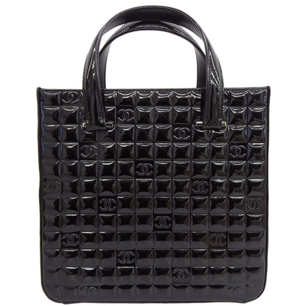 CHANEL Around 2001 Made Patent Chocolate Bar Cc Mark Embossed Top Handle Bag Black