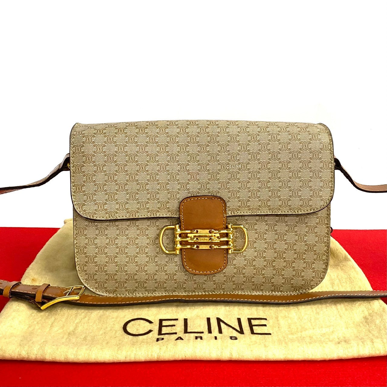 CELINE Shoulder Bag Leather, PVC Brown Macadam Blason Pattern Women