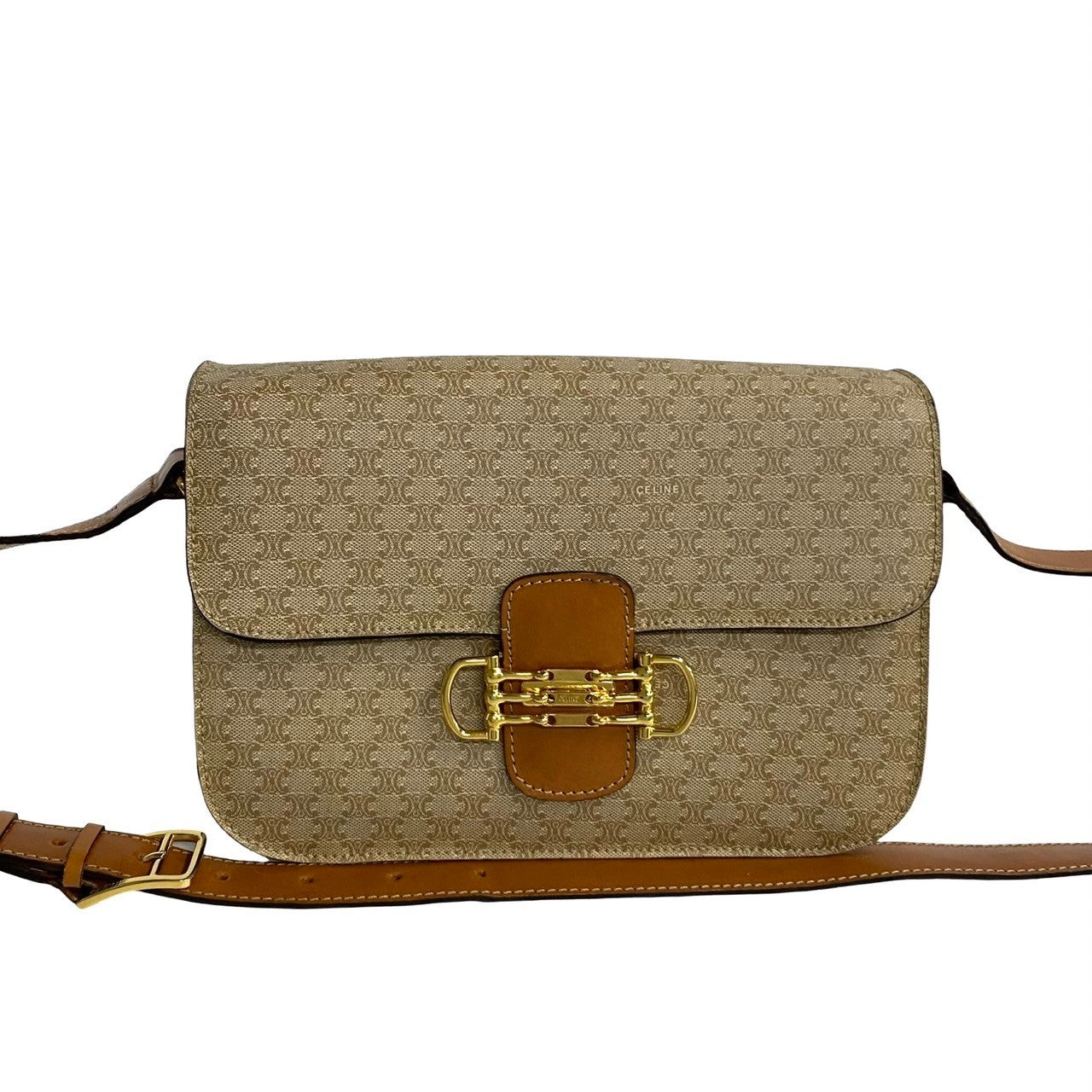CELINE Shoulder Bag Leather, PVC Brown Macadam Blason Pattern Women