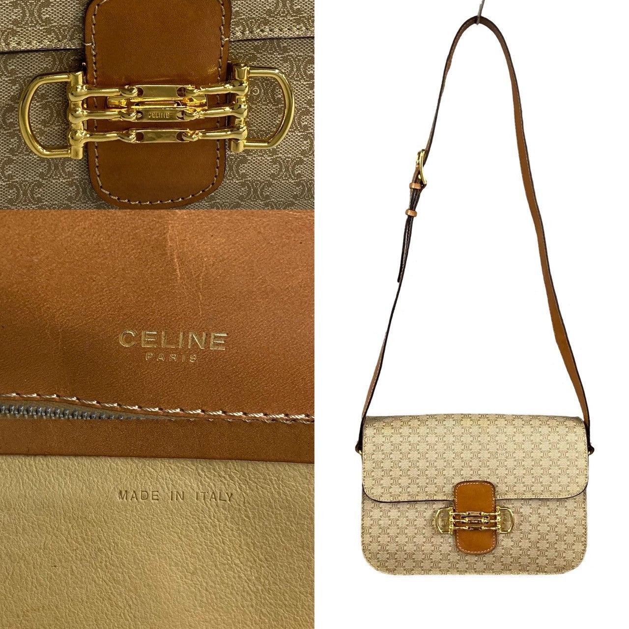 CELINE Shoulder Bag Leather, PVC Brown Macadam Blason Pattern Women