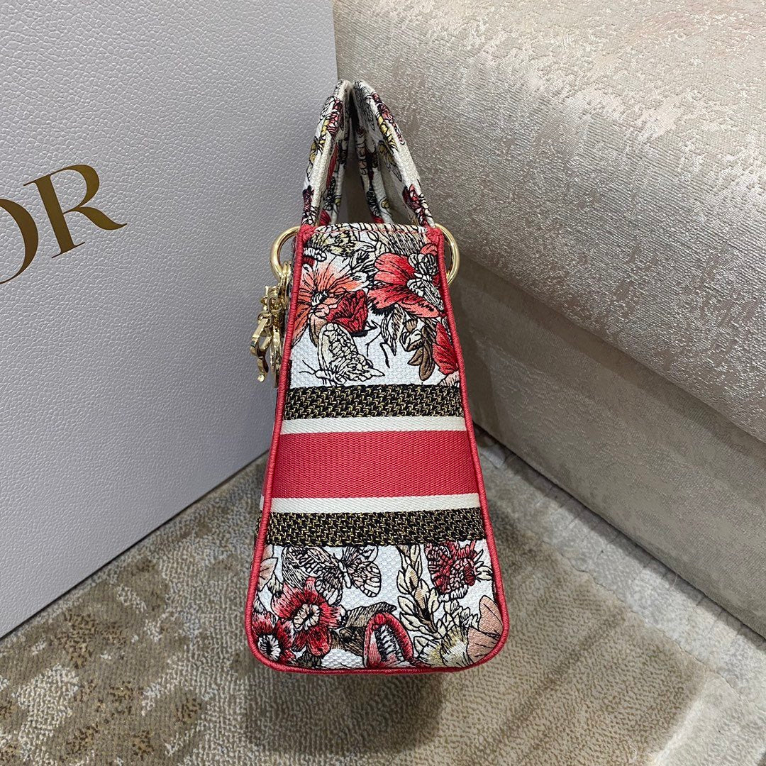 Top Quality MeTop Qualityum Lady D-Lite Bag Multicolor Butterfly Embroidery, Red/Latte Handbags, 24cm CD M0565ORHQ_M884