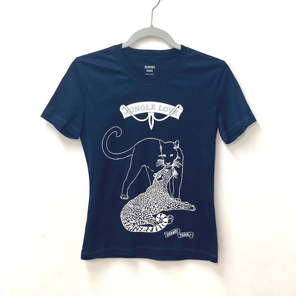 HERMES Short sleeve T-shirt cotton Navy leopard leopard leopard Jungle Love logo Women 34  d