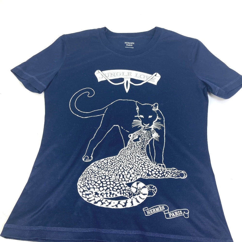 HERMES Short sleeve T-shirt cotton Navy leopard leopard leopard Jungle Love logo Women 34  d