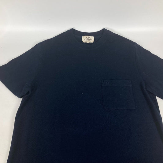 HERMES Short sleeve T-shirt cotton Navy pocket logo mens M  d