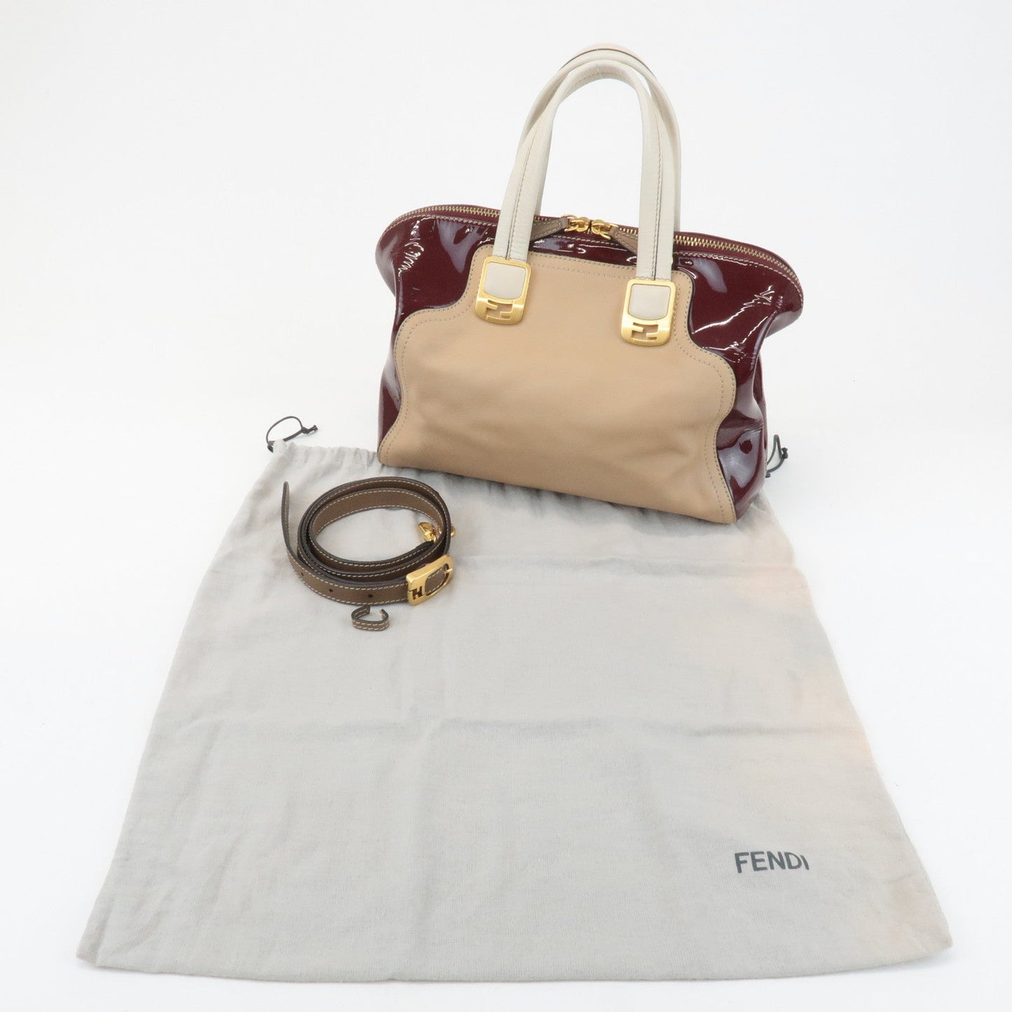 FENDI Chameleon Leather 2WAY Bag Hand Bag Beige Bordeaux 8BL114  d