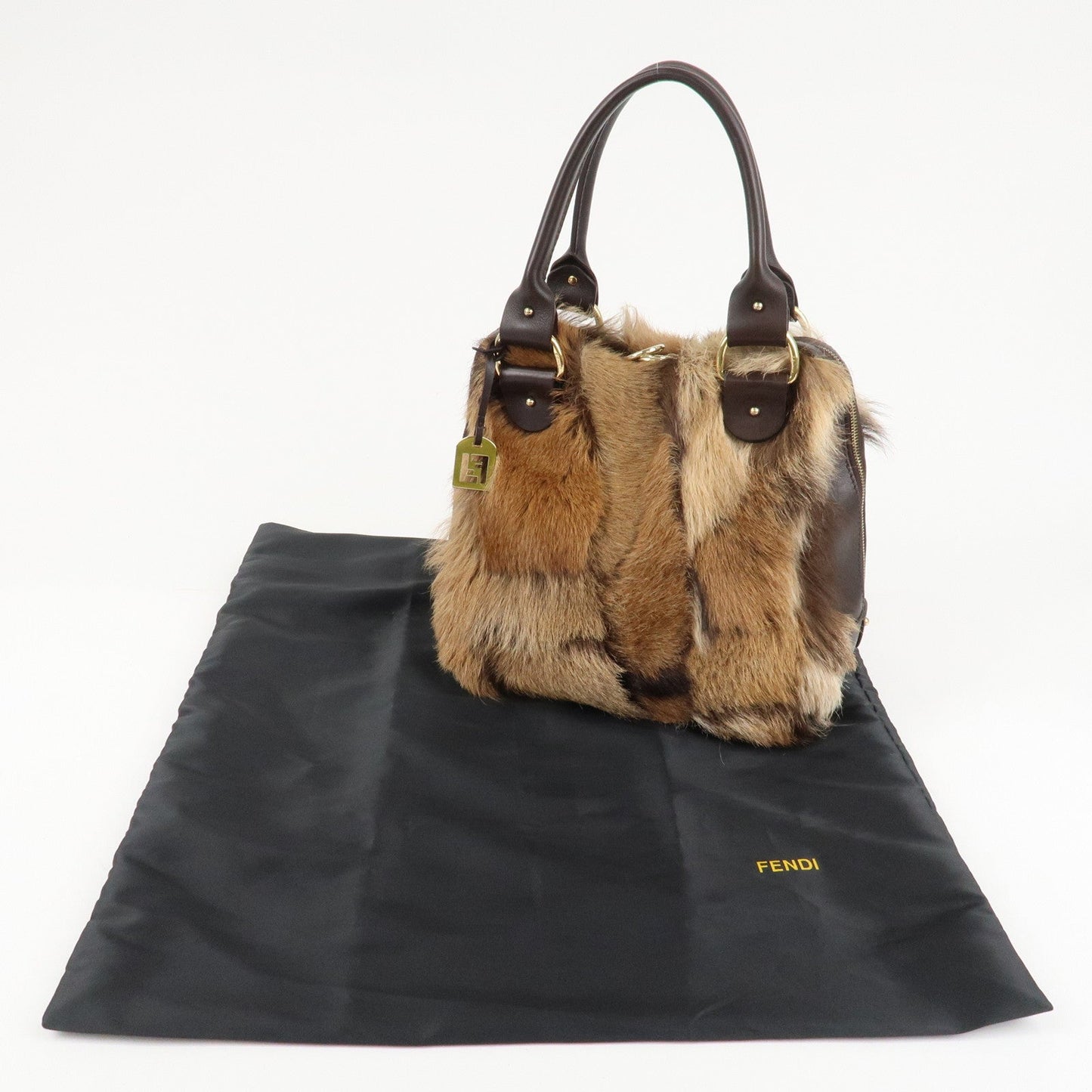 FENDI Fur Leather Tote Bag Hand Bag Shoulder Bag Brown 8BR286  d