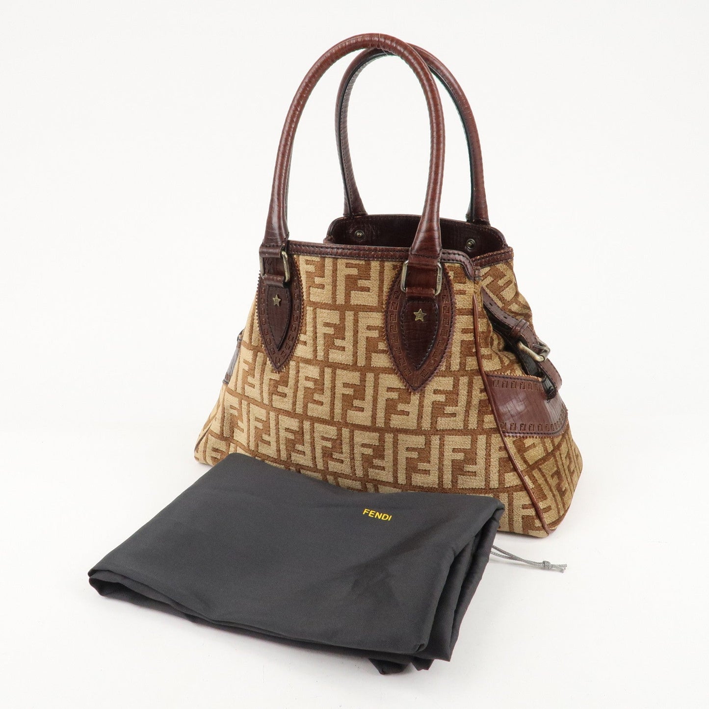FENDI Ethnico Zucca Canvas Leather Tote Bag Brown 8BN157  d