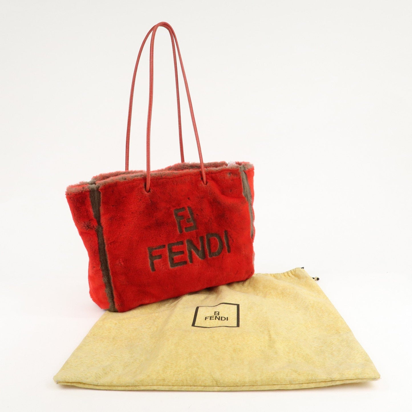 FENDI Leather Fake Fur Shoulder Bag Tote Bag Red  d